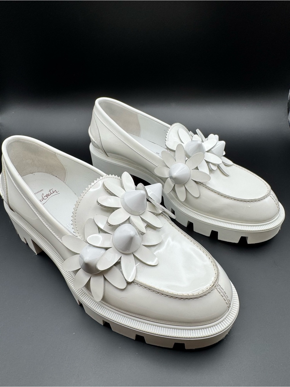 Christian Louboutin Daisy Spikes Moc Patent Loafers White Floral EU 36